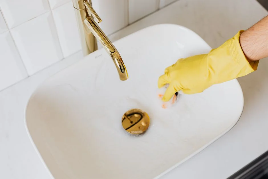 Close-up of hand cleaning window with squeegee outdoors using yellow gloves.